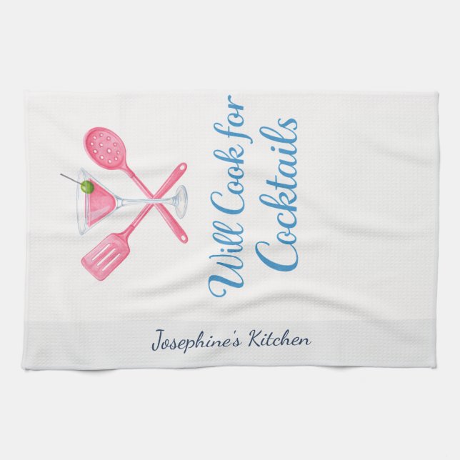 Paño De Cocina Personalized Will Cook for Cocktails Funny Elegant (Horizontal)