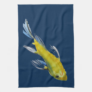 Paño De Cocina Pescado de arte acuático de cartón japonés amarill