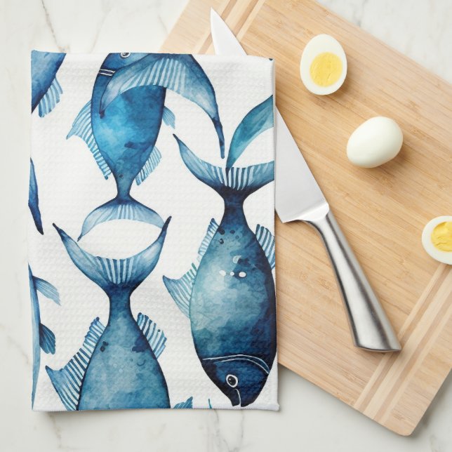 Paño De Cocina Pescado de la Marina Azul del Océano | Decoración  (Doblado Cuarto)