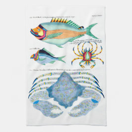 Paño De Cocina Pescados y Cangrejos en Papel Antiguo