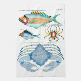 Paño De Cocina Pescados y Cangrejos en Papel Antiguo