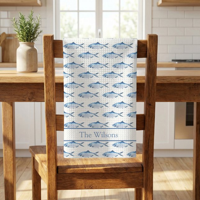 Paño De Cocina Pez de Acuarela Azul Nadando  (Blue Watercolor Fish Kitchen Towel)