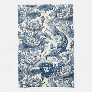Paño De Cocina Pez Koi Nenúfar Azul Chinoiserie Toile Inicial