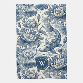 Paño De Cocina Pez Koi Nenúfar Azul Chinoiserie Toile Inicial