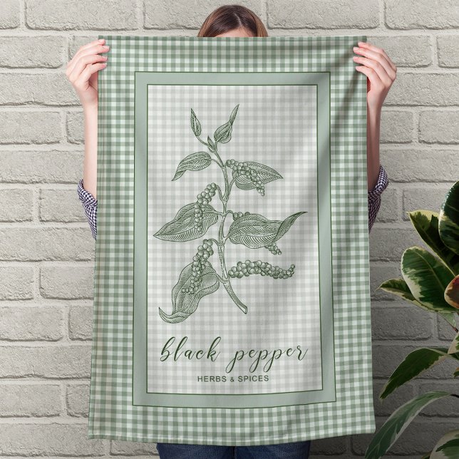 Paño De Cocina Pimienta Negra Hierba - Borde de Gingham Verde (Black Pepper Herb - Green Gingham Border Kitchen Towel)