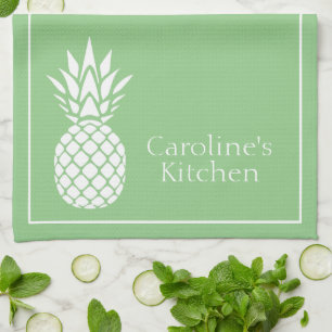 Paño De Cocina Piña Blanca Elegante sobre Verde Salvia