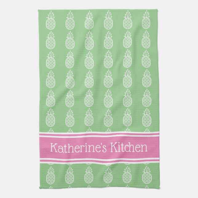 Paño De Cocina Piñas blancas en verde con banda rosa (Vertical)