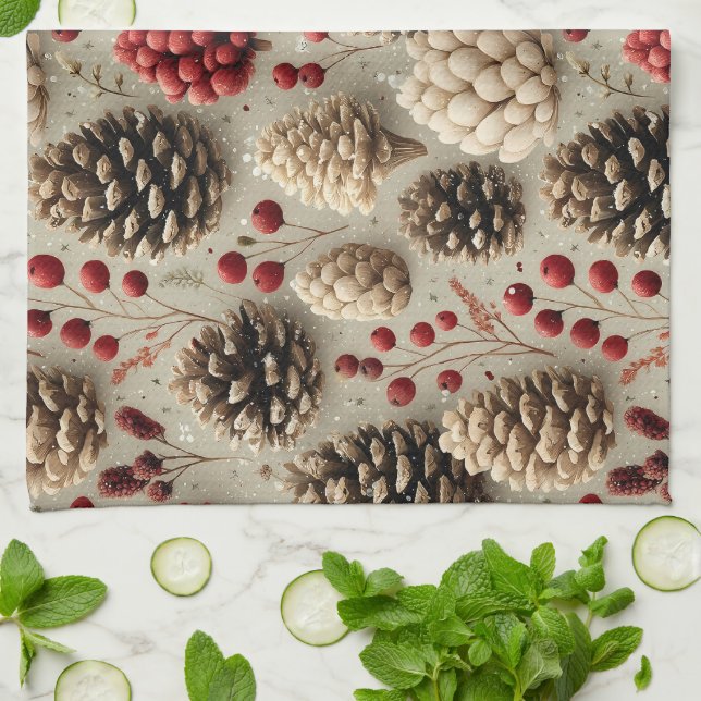 Paño De Cocina Pineconas de invierno y Berries rojas (Doblado)
