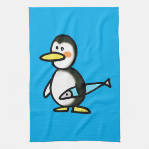 Paño De Cocina Pingüino Adorable Sosteniendo un Pez Azul