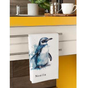 Paño De Cocina pingüino de color azul, personalizable