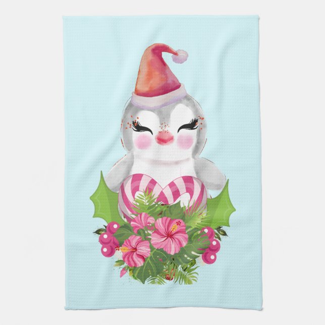 Paño De Cocina Pingüino de Navidades burdos en Santa Hat (Vertical)