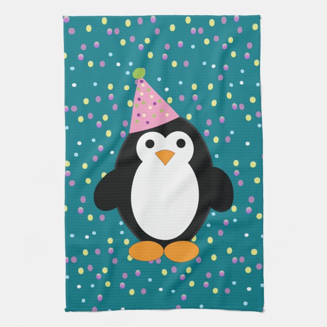 Paño De Cocina Pingüino Fiesta lindo con patrón confetti (Vertical)