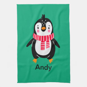 Paño De Cocina Pingüino lindo en franja roja