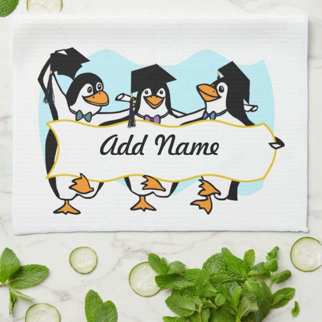 Paño De Cocina Pingüinos graduados de Personalizado lindo con pan (Doblado)