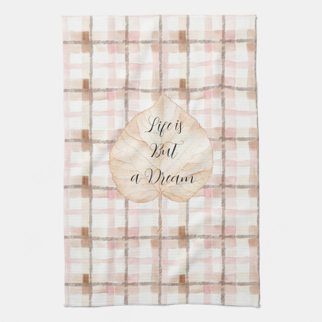 Paño De Cocina Pink Brown White Plaid Stripes Leaf (Vertical)