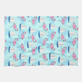Paño De Cocina Pink Flamingo Blue Sailboat Tropical Nautical