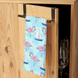 Paño De Cocina Pink Flamingo Blue Sailboat Tropical Nautical