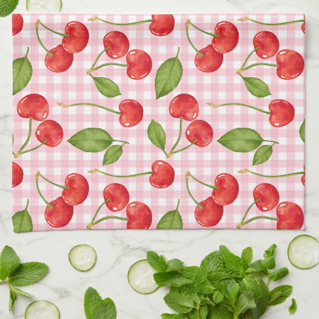 Paño De Cocina Pink Gingham & Red Cherries Picnic (Doblado)
