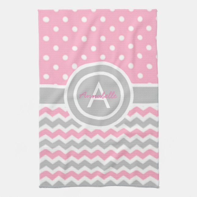 Paño De Cocina Pink Gray Polka Dot Chevron (Vertical)