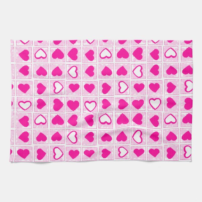 Paño De Cocina Pink Heart Pastel Fun Squares (Horizontal)