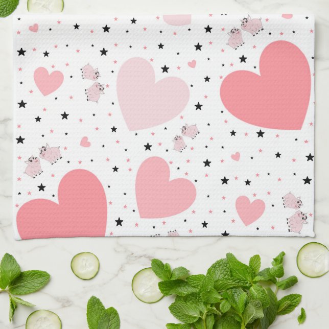 Paño De Cocina Pink hearts and piggy (Doblado)