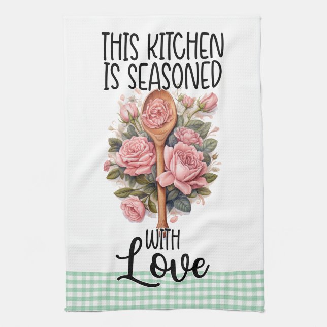 Paño De Cocina Pink Mint Green Esta Cocina Está Sazonada Con Amor (Vertical)