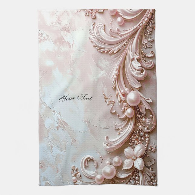 Paño De Cocina Pink Ornate Pearl and Floral Kitchen Towel (Vertical)