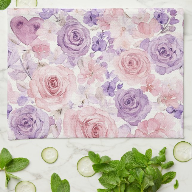 Paño De Cocina Pink Purple Blush Flowers Hearts   (Doblado)