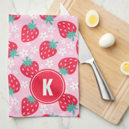 Paño De Cocina Pink Red Strawberries Floral  Pattern Monogram