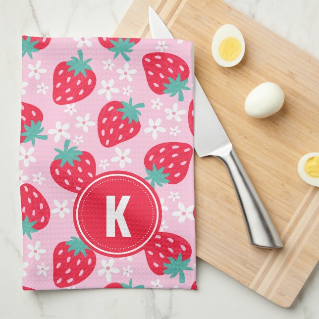 Paño De Cocina Pink Red Strawberries Floral  Pattern Monogram (Doblado Cuarto)