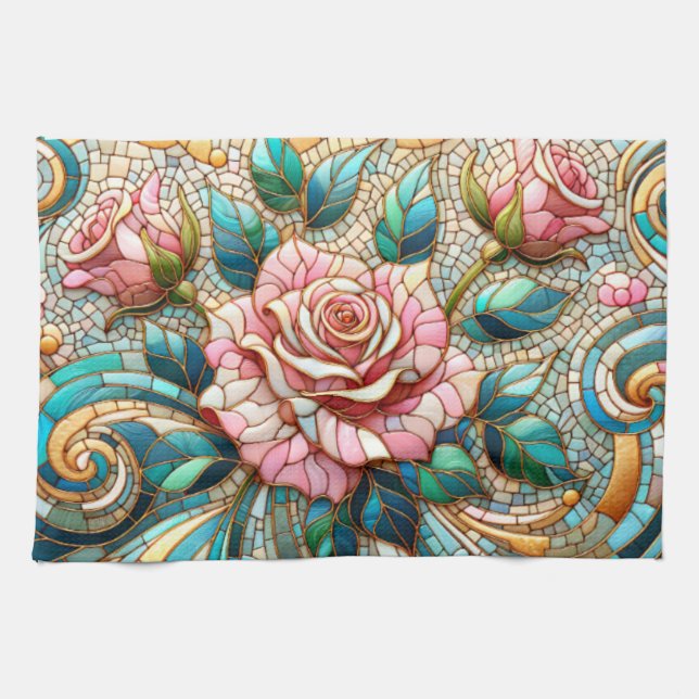 Paño De Cocina Pink Roses Stained Glass Mosaic (Horizontal)