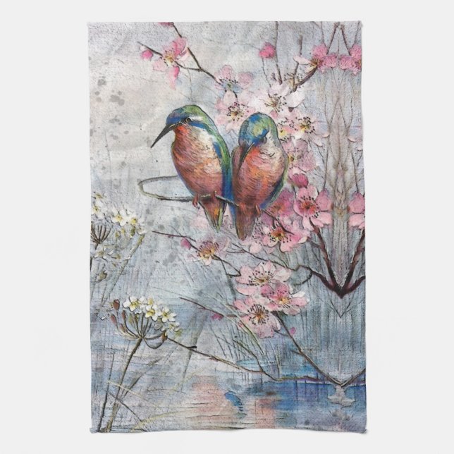 Paño De Cocina Pintados bonitos de Kingfishers y flores (Vertical)