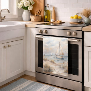 Paño De Cocina Pintura al aguarela de costa con velero tranquilo