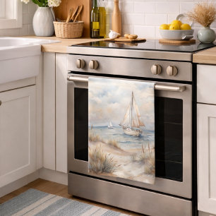 Paño De Cocina Pintura al aguarela de costa con velero tranquilo