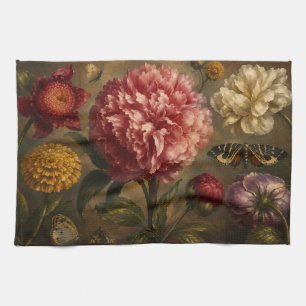 Paño De Cocina Pintura al óleo botánica de peonía y mariposa vint