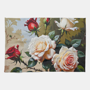 Paño De Cocina pintura al óleo de rosas blancas y rojas de color