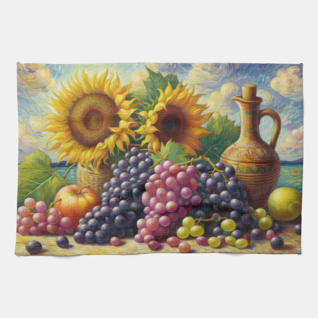Paño De Cocina Pintura de aceite de uvas y girasoles (Horizontal)