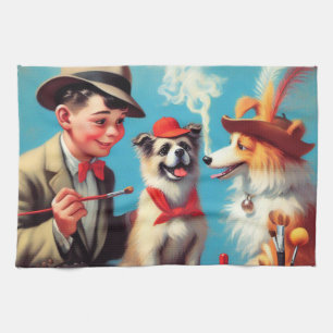 Paño De Cocina Pintura de aceite retro Perros felices