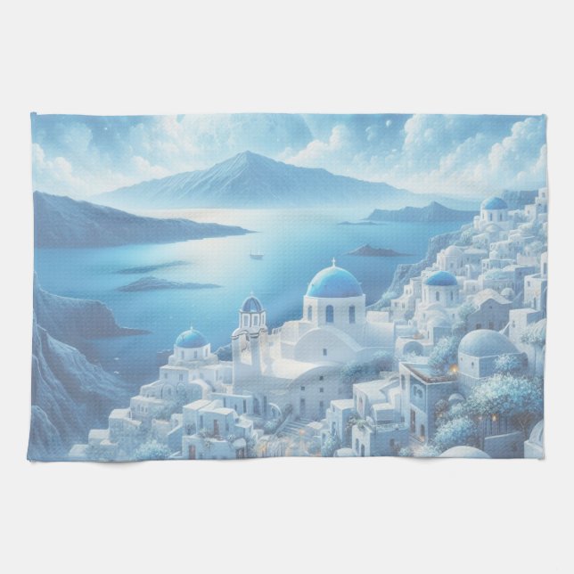 Paño De Cocina Pintura de acuarela de Santorini Grecia (Horizontal)