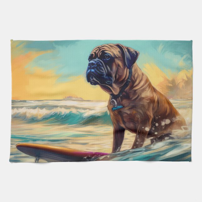 Paño De Cocina Pintura de Bullmastiff Beach Surfing (Horizontal)