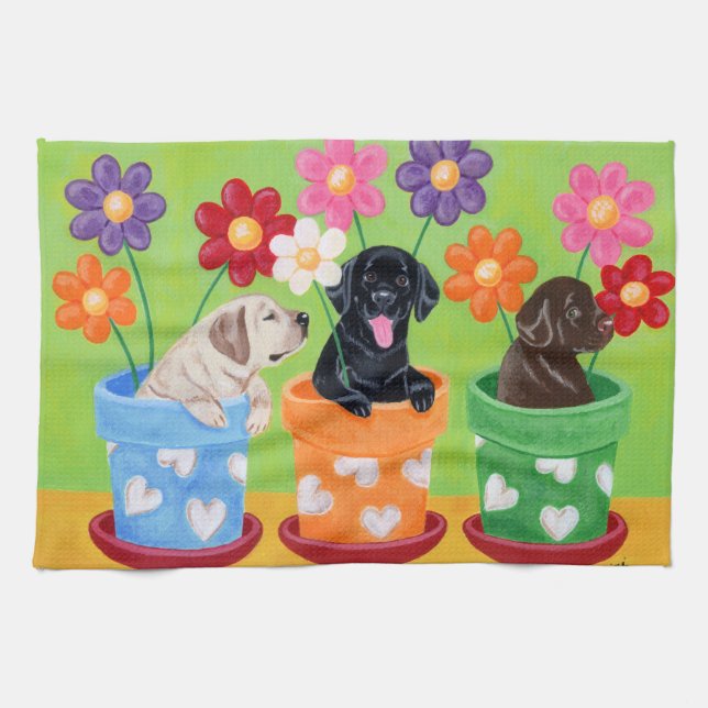 Paño De Cocina Pintura de Cachorros de Flor Pot Labrador (Horizontal)