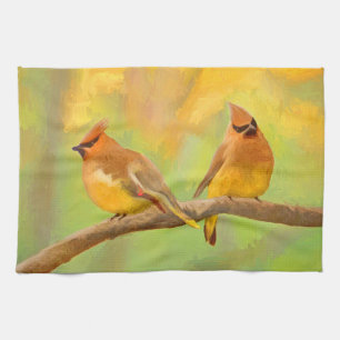 Paño De Cocina Pintura de cedro Waxwing - Arte de perro original 