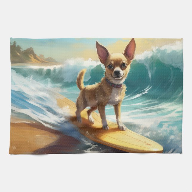 Paño De Cocina Pintura de Chihuahua Beach Surfing (Horizontal)