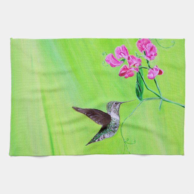 Paño De Cocina Pintura de colibrí y guisantes dulces (Horizontal)