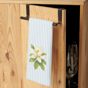 Paño De Cocina Pintura de flor de magnolia franja azul