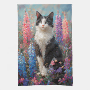 Paño De Cocina Pintura de flores de lupa coloridas de un gato de