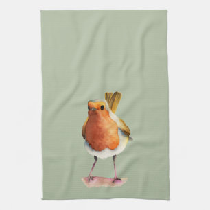 Paño De Cocina Pintura de la acuarela del pájaro del petirrojo