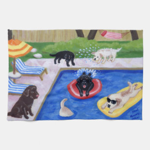 Paño De Cocina Pintura de Labradors de la fiesta en la piscina