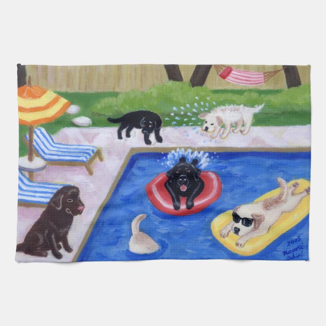 Paño De Cocina Pintura de Labradors de la fiesta en la piscina (Horizontal)