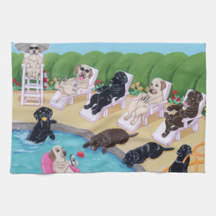 Paño De Cocina Pintura de Labradors del fiesta del Poolside